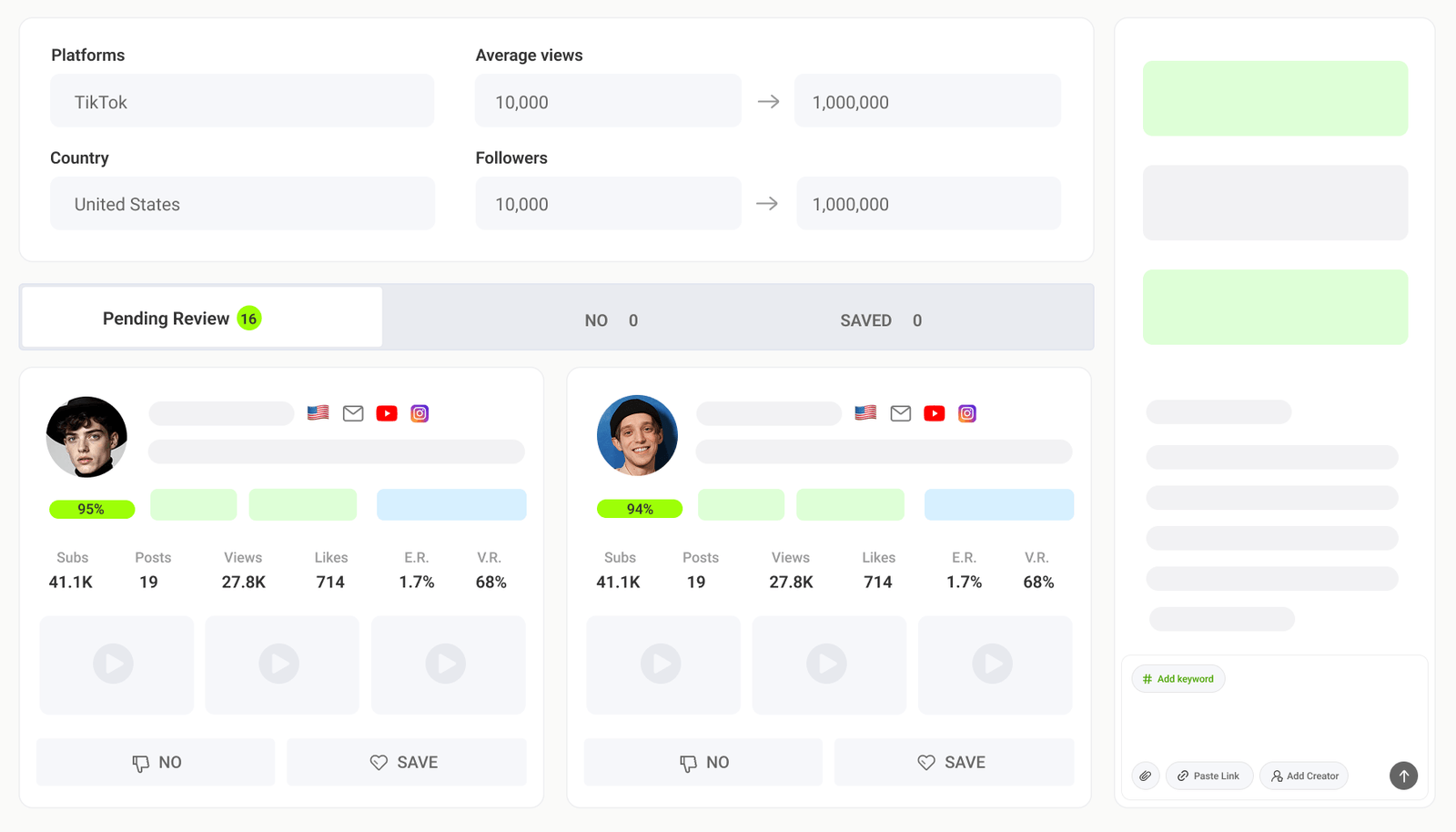 AI Creator Discovery interface
